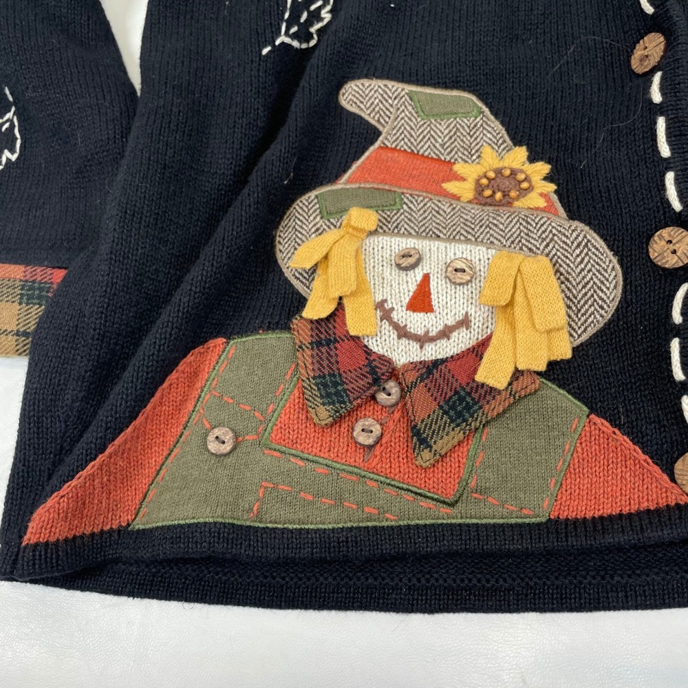 Mandal Bay Women XXL Black Happy Harvest Scarecrow Sunflower Plaid Cardigan Fall - Picture 7 of 8